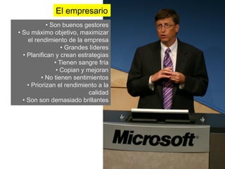 El empresario
                •  Son buenos gestores
•  Su máximo objetivo, maximizar
      el rendimiento de la empresa
                        •  Grandes líderes
   •  Planifican y crean estrategias
                    •  Tienen sangre fría
                     •  Copian y mejoran
             •  No tienen sentimientos
      •  Priorizan el rendimiento a la
                                  calidad
   •  Son son demasiado brillantes
 