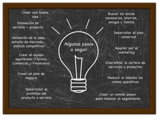 Crear una buena                              Buscar los socios
            idea                                  necesarios, ahorros,
   Innovación en                                    amigos y familia
servicio – producto
                                                       Desarrollar el plan
Validación de la idea,                                     comercial
estudio de mercado…
 análisis competitivo       Algunos pasos
                               a seguir                 Apostar por el
                                                          marketing
   Crear el equipo
 equilibrado (Técnico,
Comercial y Financiero)                           Diversiﬁcar la cartera de
                                                    servicios o productos
   Crean un plan de
       negocio                                     Reducir al máximo los
                                                     costes operativos

        Desarrollar el
         prototipo del                        Crear un comité asesor
      producto o servicio                   para realizar el seguimiento
 