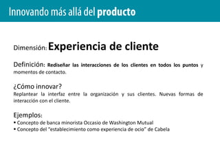Innovando más allá del productoDimensión: PlataformaDefinición: Conjunto de componentes, métodos de montaje o tecnologías comunes que sirven de base para una cartera de productos y servicios.¿Cómo innovar?Aprovechamiento de la “eficacia de la base común” para crear ofertas derivadas.Ejemplos: Plataforma para vehículos de Nissan