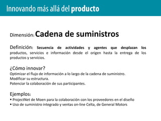 Innovando más allá del productoDimensión: Obtención de valorDefinición: Mecanismo que utiliza una empresa para volver a conseguir el valor que crea. ¿Cómo innovar?Descubrir fuentes de ingresos desaprovechados.Desarrollar nuevos sistemas de determinación de precios.Obtener valor a través de interacciones con proveedores y clientes.Ejemplos: Búsquedas pagadas de Google