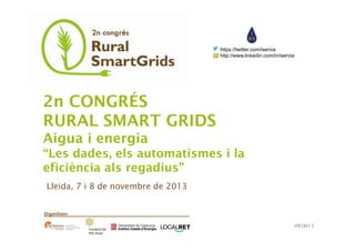 https://twitter.com/iservia
http://www.linkedin.com/in/iservia

2n CONGRÉS
RURAL SMART GRIDS
Aigua i energia
“Les dades, els automatismes i la
eficiència als regadius”
Lleida, 7 i 8 de novembre de 2013
Organitzen:
#RSM13

 