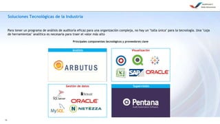 14
Soluciones Tecnológicas de la Industria
Para tener un programa de análisis de auditoría eficaz para una organización compleja, no hay un "talla única" para la tecnología. Una "caja
de herramientas" analítica es necesaria para traer el valor más alto
Análisis
Gestión de datos Supervisión
Visualización
Principales componentes tecnológicos y proveedores clave
 