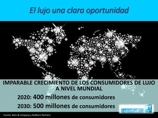 IMPARABLE CRECIMIENTO DE LOS CONSUMIDORES DE LUJO A NIVEL MUNDIAL 
2020: 400 millones de consumidores 
2030: 500 millones de consumidoresEl lujo una clara oportunidad 
Fuente: Bain& Company y RedburnPartners  