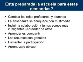 Está preparada la escuela para estas demandas? Cambiar los roles profesores  y alumnos La enseñanza se enriquece con multimedia Incluir la colaboración ( juntos somos más inteligentes) Aprender de otros Aprender es compartir Los recursos son gratuitos Fomentar la participación Aprendizaje ubicuo 