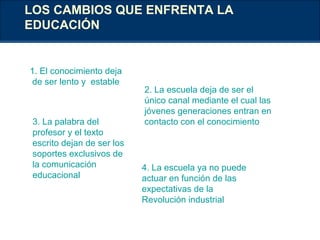 LOS CAMBIOS QUE ENFRENTA LA EDUCACIÓN  1. El conocimiento deja de ser lento y  estable 2. La escuela deja de ser el único canal mediante el cual las jóvenes generaciones entran en contacto con el conocimiento 3. La palabra del profesor y el texto escrito dejan de ser los soportes exclusivos de la comunicación educacional 4. La escuela ya no puede actuar en función de las expectativas de la Revolución industrial 