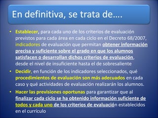 • Establecer, para cada uno de los criterios de evaluación
previstos para cada área en cada ciclo en el Decreto 68/2007,
indicadores de evaluación que permitan obtener información
precisa y suficiente sobre el grado en que los alumnos
satisfacen o desarrollan dichos criterios de evaluación,
desde el nivel de insuficiente hasta el de sobresaliente
• Decidir, en función de los indicadores seleccionados, qué
procedimientos de evaluación son más adecuados en cada
caso y qué actividades de evaluación realizarán los alumnos.
• Hacer las previsiones oportunas para garantizar que al
finalizar cada ciclo se ha obtenido información suficiente de
todos y cada uno de los criterios de evaluación establecidos
en el currículo

 