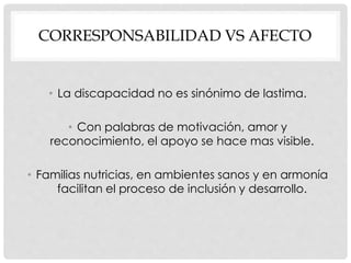 CORRESPONSABILIDAD VS AFECTO
• La discapacidad no es sinónimo de lastima.
• Con palabras de motivación, amor y
reconocimiento, el apoyo se hace mas visible.
• Familias nutricias, en ambientes sanos y en armonía
facilitan el proceso de inclusión y desarrollo.
 