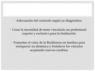 • Adecuación del currículo según su diagnostico.
• Crear la necesidad de tener vinculado un profesional
experto y exclusivo para la Institución.
• Fomentar el valor de la Resiliencia en familias para
enriquecer su dinámica y fortalecer los vínculos
aceptando nuevos cambios.
 