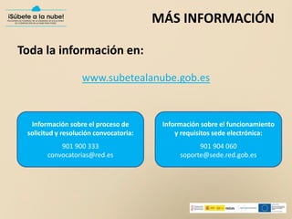 MÁS INFORMACIÓN
Toda la información en:
www.subetealanube.gob.es
Información sobre el proceso de
solicitud y resolución co...