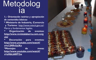 Metodolog 
ía 
1.- Orientación teórica y apropiación 
de contenidos básicos: 
* Ministerio de Industria, Comercio 
y Turismo: http://www.mincit.gov.co/: 
Marco y fundamentos legales. 
* Organización de eventos: 
http://www.revistalabarra.com.co/g 
uia/ 
* Decoración para eventos: 
http://www.youtube.com/watch? 
v=v13M9v5yiXo 
*Montajes de mesa: 
http://www.youtube.com/watch? 
v=zHbLb8IfY2w 
FOTOGRAFIA 
AMPLIADA AL 
RECUADRO ROJO 
 