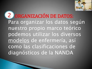 2. ORGANIZACIÓN DE DATOS:
Para organizar los datos según
nuestro propio marco teórico
podemos utilizar los diversos
modelos de enfermería, así
como las clasificaciones de
diagnósticos de la NANDA
2
 