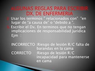 ALGUNAS REGLAS PARA ESCRIBIR
DX, DE ENFERMERIA
2. Usar los terminos ” relacionados con” ”en
lugar de “a causa de” o “debido a ”.
3. Escribir el Dx. En terminos que no tengan
implicaciones de responsabilidad jurídica
Ejm :
INCORRECTO :Riesgo de lesión R/C falta de
barandas en la cama
CORRECTO :Riesgo de lesión R/C
incapacidad para mantenerse
en cama
 