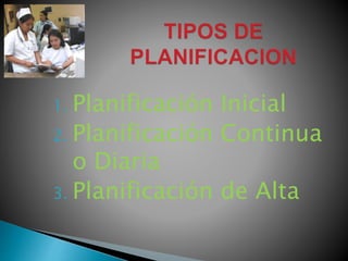 1. Planificación Inicial
2. Planificación Continua
o Diaria
3. Planificación de Alta
 