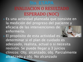  Es una actividad planeada que consiste en
la medición del progreso del paciente y
eficacia de las intervenciones de
enfermería.
 El propósito de esta actividad es
determinar si el plan de cuidado es
adecuado, realista, actual o si necesita
revisión. Se puede llegar a 3 juicios
clínicos: Obj. alcanzado, obj. Parcialmente
alcanzado y obj. No alcanzado
 