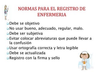  Debe se objetivo
 No usar bueno, adecuado, regular, malo.
 Debe ser subjetiva
 Evitar colocar abreviaturas que puede llevar a
la confusión
 Usar ortografía correcta y letra legible
 Debe se actualizada
 Registro con la firma y sello
 