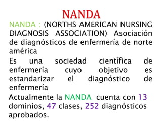 NANDA : (NORTHS AMERICAN NURSING
DIAGNOSIS ASSOCIATION) Asociación
de diagnósticos de enfermería de norte
américa
Es una sociedad científica de
enfermería cuyo objetivo es
estandarizar el diagnóstico de
enfermería
Actualmente la NANDA cuenta con 13
dominios, 47 clases, 252 diagnósticos
aprobados.
 