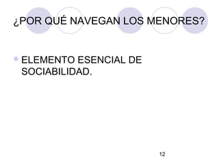 ¿POR QUÉ NAVEGAN LOS MENORES?


 ELEMENTO ESENCIAL DE
 SOCIABILIDAD.




                         12
 