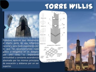 TORRE WILLIS



Podemos apreciar que obviamente
el diseño parte de una influencia
racional y para nada espontanea por
lo que no reconoceríamos nada
gótico o neogótico en él; Excepto
por una cosa, su impactante
verticalidad y constante ascendencia
plasmada por los mismos principios
de evocación y alabanza por un ser
superior.
 