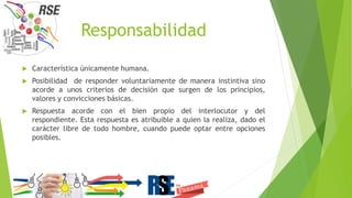 Responsabilidad
 Característica únicamente humana.
 Posibilidad de responder voluntariamente de manera instintiva sino
acorde a unos criterios de decisión que surgen de los principios,
valores y convicciones básicas.
 Respuesta acorde con el bien propio del interlocutor y del
respondiente. Esta respuesta es atribuible a quien la realiza, dado el
carácter libre de todo hombre, cuando puede optar entre opciones
posibles.
 