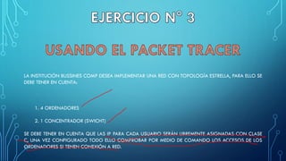 LA INSTITUCIÓN BUSSINES COMP DESEA IMPLEMENTAR UNA RED CON TOPOLOGÍA ESTRELLA, PARA ELLO SE
DEBE TENER EN CUENTA:
1. 4 ORDENADORES
2. 1 CONCENTRADOR (SWICHT)
SE DEBE TENER EN CUENTA QUE LAS IP PARA CADA USUARIO SERÁN LIBREMENTE ASIGNADAS CON CLASE
C, UNA VEZ CONFIGURADO TODO ELLO COMPROBAR POR MEDIO DE COMANDO LOS ACCESOS DE LOS
ORDENADORES SI TENEN CONEXIÓN A RED.
 