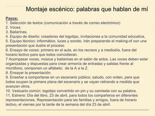 Pasos:
1. Selección de textos (comunicación a través de correo electrónico)
2. Voces.
3. Bailarinas.
4. Equipo de diseño: creadores del logotipo, invitaciones a la comunidad educativa,
5. Equipo técnico: informático, luces y sonido. Irán preparando el making-of con una
presentación que ilustre el proceso
6. Ensayo de voces: primero en el aula, en los recreos y a mediodía, fuera del
horario lectivo para que todos coincidieran.
7 Acompasar voces, música y bailarinas en el salón de actos. Las voces deben estar
organizadas y dispuestas para crear armonía de entradas y salidas frente al
micrófono, componen un alfabeto; de la A a la Z.
8. Ensayar la presentación.
9. Enseñar a comportarse en un escenario público: saludo, con orden, para que
todos ocupen la primera plana del escenario y se vayan retirando a medida que
avanzan otros.
10. Vestuario común: logotipo convertido en pin y su camiseta con su palabra.
11. Estreno: Día del libro, 23 de abril, para todos los compañeros en diferentes
representaciones. Representación para las familias y amigos, fuera de horario
lectivo, el viernes por la tarde de la semana del día 23 de abril.
Montaje escénico: palabras que hablan de mí
 