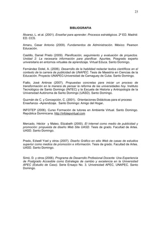 23
BIBLIOGRAFIA
Álvarez, L. et al. (2001). Enseñar para aprender. Procesos estratégicos. 2ª ED. Madrid:
ED. CCS.
Amaru, Cesar Antonio (2009). Fundamentos de Administración. México: Pearson
Educación.
Castillo, Daniel Prieto (2009). Planificación, seguimiento y evaluación de proyectos.
Unidad 2: La necesaria información para planificar. Apuntes. Posgrado experto
universitario en entornos virtuales de aprendizaje. Virtual Educa. Santo Domingo.
Fernández Dotel, A. (2006). Desarrollo de la habilidad redactar textos científicos en el
contexto de la carrera de publicidad de UNAPEC. Tesis de Maestría en Ciencias de la
Educación. Proyecto UNAPEC-Universidad de Camaguey de Cuba. Santo Domingo.
Fiallo, José Antinoe (2007). Propuestas concretas para iniciar un proceso de
transformación en la manera de pensar la reforma de las universidades hoy. Instituto
Tecnológico de Santo Domingo (INTEC) y la Escuela de Historia y Antropología de la
Universidad Autónoma de Santo Domingo (UASD). Santo Domingo.
Guzmán de C. y Concepción, C. (2001). Orientaciones Didácticas para el proceso
Enseñanza –Aprendizaje. Santo Domingo: Amigo del Hogar.
INFOTEP (2006). Curso Formación de tutores en Ambiente Virtual. Santo Domingo.
República Dominicana. http://infotepvirtual.com
Mercado, Héctor y Mateo, Elizabeth (2000). El Internet como medio de publicidad y
promoción: propuesta de diseño Web Site UASD. Tesis de grado. Facultad de Artes.
UASD. Santo Domingo.
Prado, Edwell Yoel y otros (2007). Diseño Gráfico en sitio Web de casas de estudios
superior como medios de promoción e información. Tesis de grado. Facultad de Artes.
UASD. Santo Domingo.
Simó, D. y otros (2006). Programa de Desarrollo Profesional Docente: Una Experiencia
de Postgrado Accesible como Estrategia de cambio y excelencia en la Universidad
APEC (Estudio de Caso). Serie Ensayo No. 3. Universidad APEC, UNAPEC. Santo
Domingo.
 