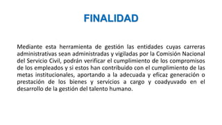 FINALIDAD
Mediante esta herramienta de gestión las entidades cuyas carreras
administrativas sean administradas y vigiladas por la Comisión Nacional
del Servicio Civil, podrán verificar el cumplimiento de los compromisos
de los empleados y si estos han contribuido con el cumplimiento de las
metas institucionales, aportando a la adecuada y eficaz generación o
prestación de los bienes y servicios a cargo y coadyuvado en el
desarrollo de la gestión del talento humano.
 