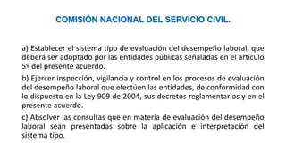 COMISIÓN NACIONAL DEL SERVICIO CIVIL.
a) Establecer el sistema tipo de evaluación del desempeño laboral, que
deberá ser adoptado por las entidades públicas señaladas en el artículo
5º del presente acuerdo.
b) Ejercer inspección, vigilancia y control en los procesos de evaluación
del desempeño laboral que efectúen las entidades, de conformidad con
lo dispuesto en la Ley 909 de 2004, sus decretos reglamentarios y en el
presente acuerdo.
c) Absolver las consultas que en materia de evaluación del desempeño
laboral sean presentadas sobre la aplicación e interpretación del
sistema tipo.
 