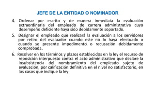 JEFE DE LA ENTIDAD O NOMINADOR
4. Ordenar por escrito y de manera inmediata la evaluación
extraordinaria del empleado de carrera administrativa cuyo
desempeño deficiente haya sido debidamente soportado.
5. Designar el empleado que realizará la evaluación a los servidores
por retiro del evaluador cuando este no lo haya efectuado o
cuando se presente impedimento o recusación debidamente
comprobada.
6. Resolver en los términos y plazos establecidos en la ley el recurso de
reposición interpuesto contra el acto administrativo que declare la
insubsistencia del nombramiento del empleado sujeto de
evaluación, por calificación definitiva en el nivel no satisfactorio, en
los casos que indique la ley
 