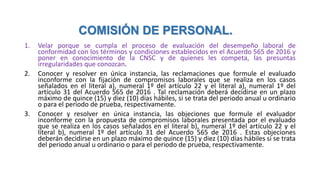 COMISIÓN DE PERSONAL.
1. Velar porque se cumpla el proceso de evaluación del desempeño laboral de
conformidad con los términos y condiciones establecidos en el Acuerdo 565 de 2016 y
poner en conocimiento de la CNSC y de quienes les competa, las presuntas
irregularidades que conozcan.
2. Conocer y resolver en única instancia, las reclamaciones que formule el evaluado
inconforme con la fijación de compromisos laborales que se realiza en los casos
señalados en el literal a), numeral 1º del artículo 22 y el literal a), numeral 1º del
artículo 31 del Acuerdo 565 de 2016 . Tal reclamación deberá decidirse en un plazo
máximo de quince (15) y diez (10) días hábiles, si se trata del periodo anual u ordinario
o para el periodo de prueba, respectivamente.
3. Conocer y resolver en única instancia, las objeciones que formule el evaluador
inconforme con la propuesta de compromisos laborales presentada por el evaluado
que se realiza en los casos señalados en el literal b), numeral 1º del artículo 22 y el
literal b), numeral 1º del artículo 31 del Acuerdo 565 de 2016 . Estas objeciones
deberán decidirse en un plazo máximo de quince (15) y diez (10) días hábiles si se trata
del periodo anual u ordinario o para el periodo de prueba, respectivamente.
 