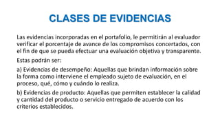 CLASES DE EVIDENCIAS
Las evidencias incorporadas en el portafolio, le permitirán al evaluador
verificar el porcentaje de avance de los compromisos concertados, con
el fin de que se pueda efectuar una evaluación objetiva y transparente.
Estas podrán ser:
a) Evidencias de desempeño: Aquellas que brindan información sobre
la forma como interviene el empleado sujeto de evaluación, en el
proceso, qué, cómo y cuándo lo realiza.
b) Evidencias de producto: Aquellas que permiten establecer la calidad
y cantidad del producto o servicio entregado de acuerdo con los
criterios establecidos.
 