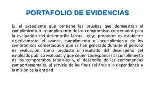 PORTAFOLIO DE EVIDENCIAS
Es el expediente que contiene las pruebas que demuestran el
cumplimiento o incumplimiento de los compromisos concertados para
la evaluación del desempeño laboral, cuyo propósito es establecer
objetivamente el avance, cumplimiento o incumplimiento de los
compromisos concertados y que se han generado durante el periodo
de evaluación, como producto o resultado del desempeño del
empleado público evaluado y que deben corresponder al cumplimiento
de los compromisos laborales y, el desarrollo de las competencias
comportamentales, al servicio de los fines del área o la dependencia y
la misión de la entidad
 