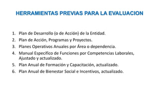 HERRAMIENTAS PREVIAS PARA LA EVALUACION
1. Plan de Desarrollo (o de Acción) de la Entidad.
2. Plan de Acción, Programas y Proyectos.
3. Planes Operativos Anuales por Área o dependencia.
4. Manual Especifico de Funciones por Competencias Laborales,
Ajustado y actualizado.
5. Plan Anual de Formación y Capacitación, actualizado.
6. Plan Anual de Bienestar Social e Incentivos, actualizado.
 