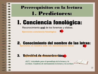 22
Prerrequisitos en la lecturaPrerrequisitos en la lectura
1. Predictores:1. Predictores:
1. Conciencia fonológica:
Recon...