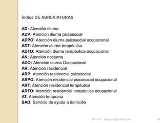 jdiegoro@hotmail.com 26
Índice DE ABREVIATURAS
AD: Atención diurna
ADP: Atención diurna psicosocial
ADPO: Atención diurna psicosocial ocupacional
ADT: Atención diurna terapéutica
ADTO: Atención diurna terapéutica ocupacional
AN: Atención nocturna
ADO: Atención diurna Ocupacional
AR: Atención residencial
ARP: Atención residencial psicosocial
ARPO: Atención residencial psicosocial ocupacional
ART: Atención residencial terapéutica
ARTO: Atención residencial terapéutica ocupacional
AT: Atención temprana
SAD: Servicio de ayuda a domicilio
19.V.16
 