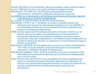jdiegoro@hotmail.com 3019.V.16
Decreto 389/1994, do 15 de decembro, polo que se regula a saúde mental en Galicia.
La Ley 1/1998 del 2 de enero, de creación del Servicio Galego de Saúde.
Real Decreto 1971/1999, de 23 de diciembre, de procedimiento para el
reconocimiento, declaración y calificación del grado de minusvalía.
Ley 39/2006, de 14 de diciembre, de Promoción de la Autonomía Personal y Atención
a las Personas en situación de Dependencia.
Lei 13/2008, do 3 de decembro, de servizos sociais de Galicia.
Real Decreto 174/2011, de 11 de febrero, por el que se aprueba el baremo de
valoración de la situación de dependencia establecido por la Ley 39/2006, de
14 de diciembre, de Promoción de la Autonomía Personal y Atención a las
personas en situación de dependencia.
ORDE do 2 de xaneiro de 2012 de desenvolvemento do Decreto 15/2010, do 4 de
febreiro, polo que se regula o procedemento para o recoñecemento da
situación de dependencia e do dereito ás prestacións do Sistema para a
Autonomía e a Atención á Dependencia, o procedemento para a elaboración do
programa individual de atención e a organización e funcionamento dos órganos
técnicos competentes.
Real Decreto 1364/2012, de 27 de septiembre, por el que se modifica el Real Decreto
1971/1999, de 23 de diciembre, de procedimiento para el reconocimiento,
declaración y calificación del grado de discapacidad.
Real Decreto Legislativo 1/2013, de 29 de noviembre, por el que se aprueba el Texto
Refundido de la Ley General de derechos de las personas con discapacidad y
de su inclusión social.
Orden del 8 de marzo de 2016 por la que se establecen las bases reguladoras que
regirán la concesión de ayudas individuales destinadas a la adquisición de
servicios de promoción de la autonomía personal, así como a la adquisición de
servicios complementarios de asistencia personal, a personas con
discapacidad.
 