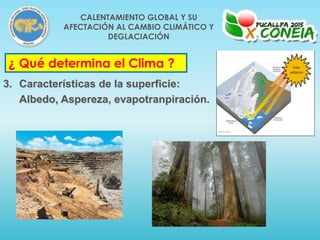 ¿ Qué determina el Clima ?
3. Características de la superficie:
Albedo, Aspereza, evapotranpiración.
CALENTAMIENTO GLOBAL Y SU
AFECTACIÓN AL CAMBIO CLIMÁTICO Y
DEGLACIACIÓN
 