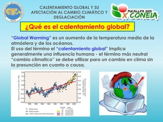 “Global Warming” es un aumento de la temperatura media de la
atmósfera y de los océanos.
El uso del término el “calentamiento global” implica
generalmente una influencia humana - el término más neutral
“cambio climatico” se debe utilizar para un cambio en clima sin
la presunción en cuanto a causa.
¿Qué es el calentamiento global?
CALENTAMIENTO GLOBAL Y SU
AFECTACIÓN AL CAMBIO CLIMÁTICO Y
DEGLACIACIÓN
 