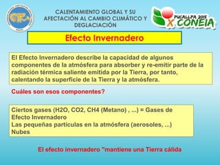 El Efecto Invernadero describe la capacidad de algunos
componentes de la atmósfera para absorber y re-emitir parte de la
radiación térmica saliente emitida por la Tierra, por tanto,
calentando la superficie de la Tierra y la atmósfera.
Cuáles son esos componentes?
Ciertos gases (H2O, CO2, CH4 (Metano) , ...) = Gases de
Efecto Invernadero
Las pequeñas partículas en la atmósfera (aerosoles, ...)
Nubes
El efecto invernadero "mantiene una Tierra cálida
Efecto Invernadero
CALENTAMIENTO GLOBAL Y SU
AFECTACIÓN AL CAMBIO CLIMÁTICO Y
DEGLACIACIÓN
 