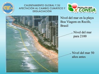 Nivel del mar en la playa
Boa Viagem en Recife,
Brasil
Nivel del mar 50
años antes
Nivel del mar
para 2100
CALENTAMIENTO GLOBAL Y SU
AFECTACIÓN AL CAMBIO CLIMÁTICO Y
DEGLACIACIÓN
 