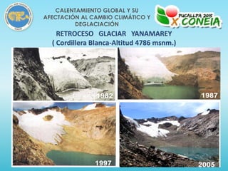 RETROCESO GLACIAR YANAMAREY
( Cordillera Blanca-Altitud 4786 msnm.)
Fuente: INRENA
CALENTAMIENTO GLOBAL Y SU
AFECTACIÓN AL CAMBIO CLIMÁTICO Y
DEGLACIACIÓN
 