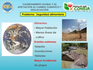 Problema: Seguridad alimentaria
Alimentos:
• Mayor Población
• Menos Áreas de
cultivo
Eventos extremos
•Sequías
•Inundaciones
•Heladas
Mayor incidencia
de plagas
CALENTAMIENTO GLOBAL Y SU
AFECTACIÓN AL CAMBIO CLIMÁTICO Y
DEGLACIACIÓN
 