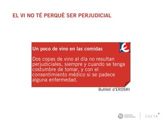 EL VI NO TÉ PERQUÈ SER PERJUDICIAL
Un poco de vino en las comidas
Dos copas de vino al día no resultan
perjudiciales, siempre y cuando se tenga
costumbre de tomar, y con el
consentimiento médico si se padece
alguna enfermedad.
Butlletí d’EROSKI
 