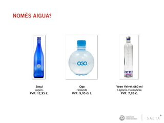 NOMÈS AIGUA?
Ensui
Japón.
PVP: 12,95 €.
Ogo
Holanda
PVP: 9,95 €/ l.
Veen Velvet 660 ml
Laponia finlandesa 
PVP: 7,95 €.
 