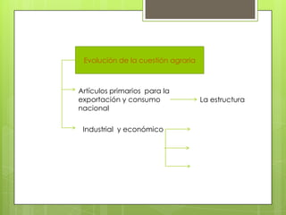 Evolución de la cuestión agraria

Artículos primarios para la
exportación y consumo
nacional
Industrial y económico

La estructura

 
