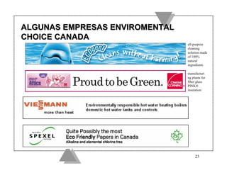 ALGUNAS EMPRESAS ENVIROMENTAL
CHOICE CANADA
                                all-purpose
                                cleaning
                                solution made
                                of 100%
                                natural
                                ingredients

                                manufacturi
                                ng plants for
                                fiber glass
                                PINK®
                                insulation




                                     23
 