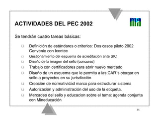 ACTIVIDADES DEL PEC 2002

Se tendrán cuatro tareas básicas:

   ü   Definición de estándares o criterios: Dos casos piloto 2002
       Convenio con Icontec
   ü   Gestionamiento del esquema de acreditación ante SIC
   ü   Diseño de la imagen del sello (concurso)
   ü   Trabajo con certificadores para abrir nuevo mercado
   ü   Diseño de un esquema que le permita a las CAR´s otorgar en
       sello a proyectos en su jurisdicción
   ü   Creación de normatividad marco para estructurar sistema
   ü   Autorización y administración del uso de la etiqueta.
   ü   Mercadeo del sello y educacion sobre el tema: agenda conjunta
       con Mineducación

                                                                     35
 