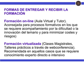 FORMAS DE ENTREGAR Y RECIBIR LA
FORMACIÓN
Formación on-line (Aula Virtual y Tutor).
Aconsejada para procesos formativos en los que
se requiere acompañamiento por la dificultad o la
innovación del temario y para minimizar costes y
riesgos)
Formación virtualizada (Clases Magistrales,
Talleres prácticos a través de webconferencia).
Recomendada en aquellos casos que se requiere
conocimiento experto directo e intensivo
 
