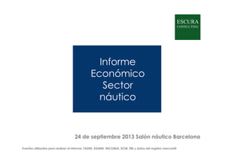 Informe
Económico
SectorSector
náutico
24 de septiembre 2013 Salón náutico Barcelona
Fuentes utilizadas para realizar el informe: FADIN, DGMM, INCOMIA, ECNI, EBI y datos del registro mercantil
 