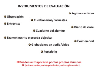 INSTRUMENTOS DE EVALUACIÓN
Registro anecdótico
Observación
Cuestionarios/Encuestas
Entrevista
Diario de clase
Cuaderno del alumno
Examen escrito o prueba objetiva
Examen oral
Grabaciones en audio/video
Portafolio
|Pueden autoaplicarse por los propios alumnos
| (autoencuestas, autoseguimientos, autorregistros etc.).
 